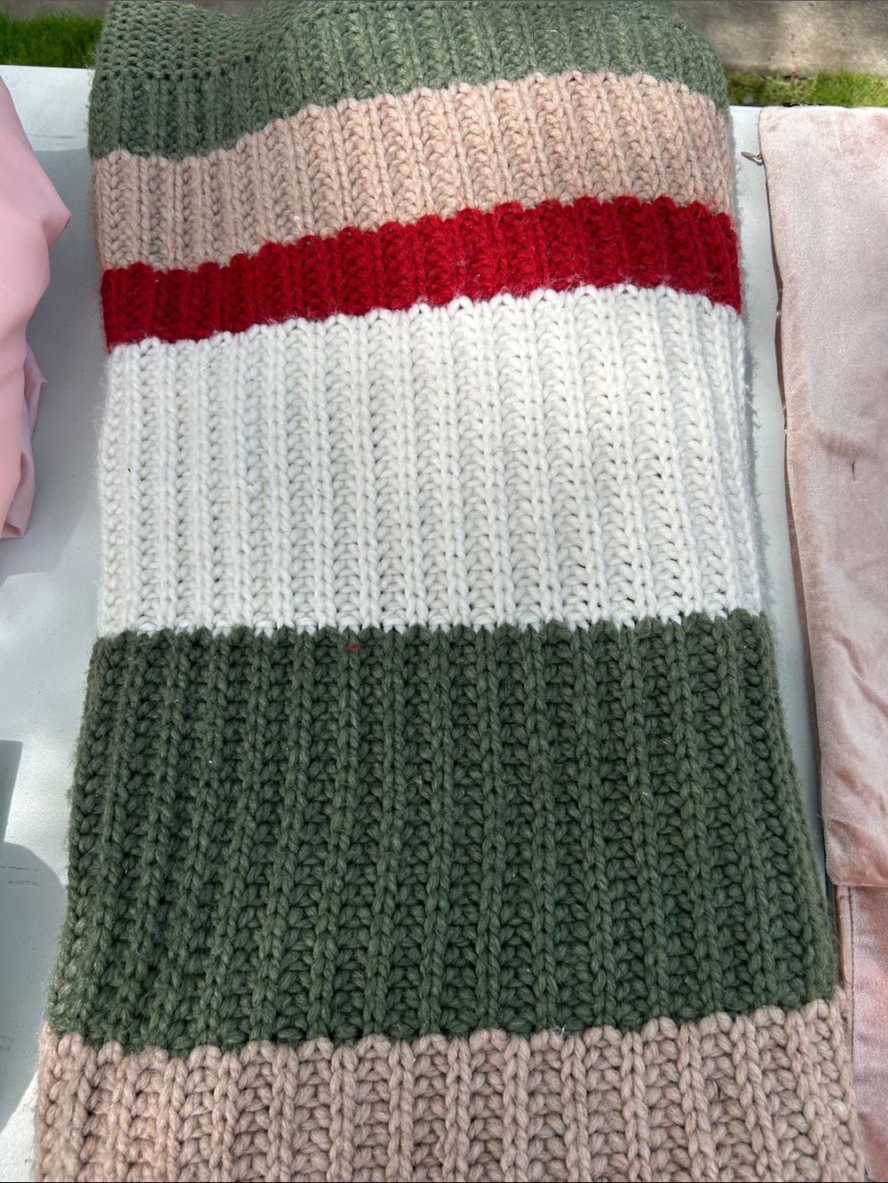Chunky Knit Striped Scarf in Olive, Cream, Pink & Red